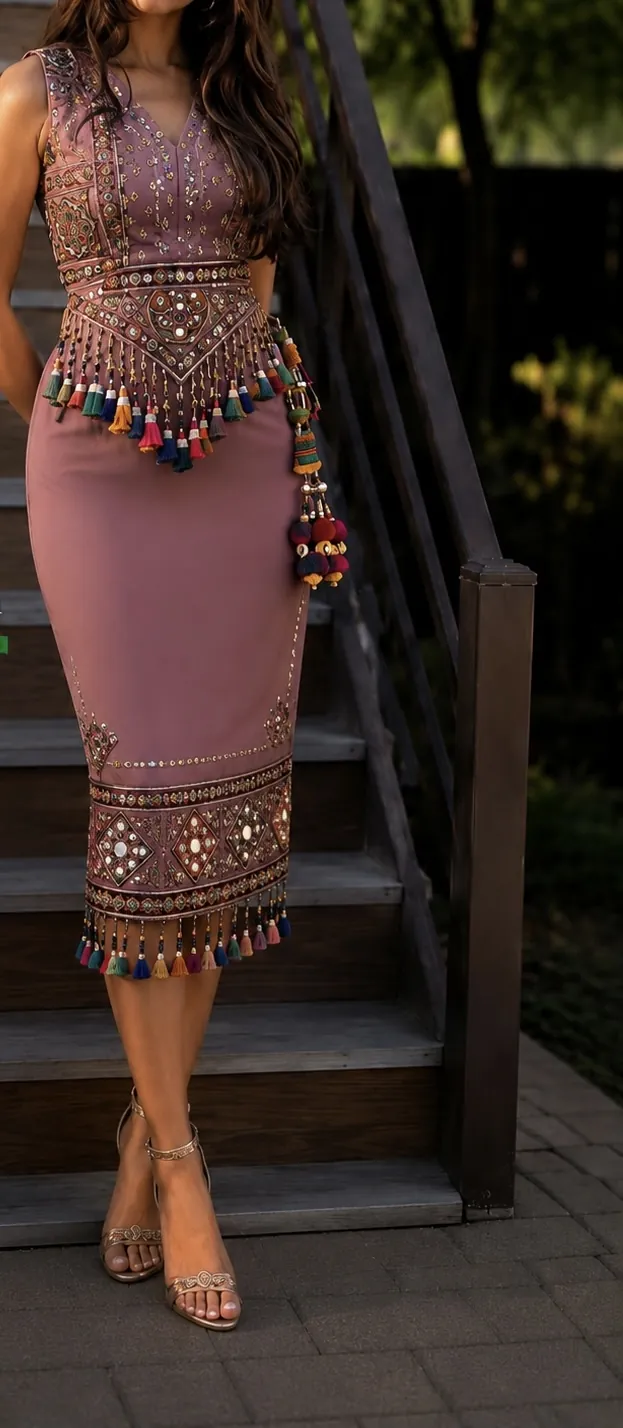 Rose Mirror – figurbetontes Midikleid in Altrosa mit Quasten und Spiegelstickerei